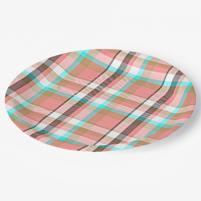 Turquoise Pink Retro Chic Tartan Plaid Pattern Paper Plates (Angled)