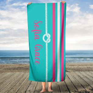 Turquoise & Pink Script Stripes Rope Custom Towel