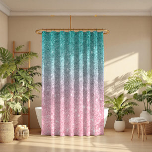 Turquoise & Pink Sparkling Faux Glitter Ombre Shower Curtain