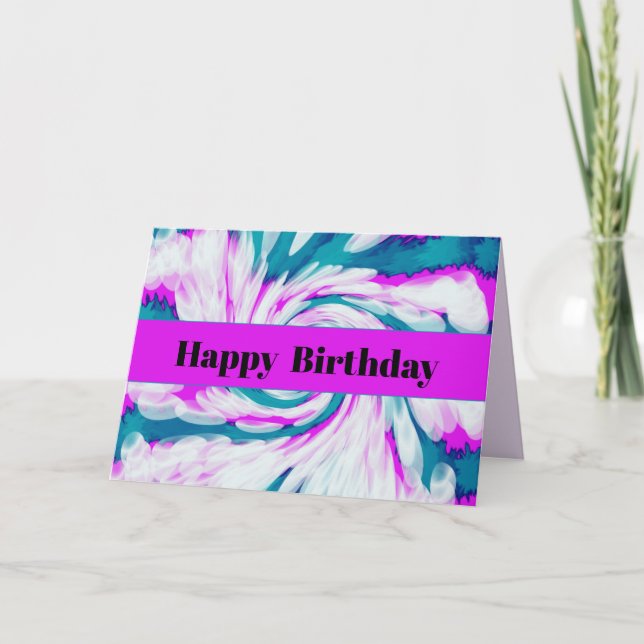 Turquoise Pink Tie Dye Swirl Happy Birthday Card (Front)