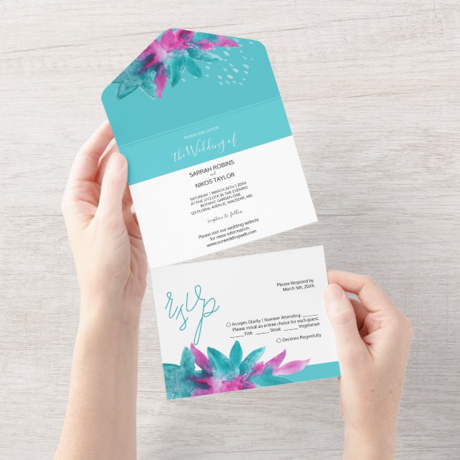 Turquoise Pink Tropical Abstract Flowers All In One Invitation (Tearaway)