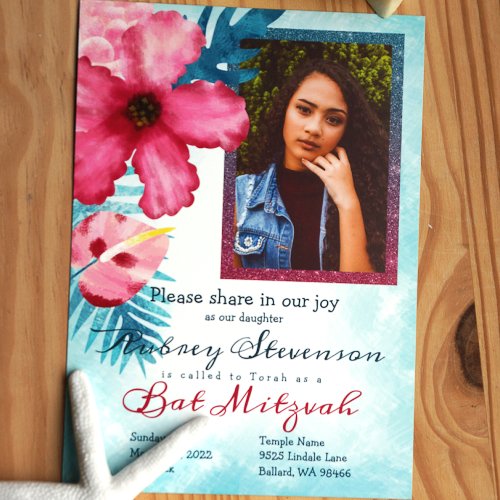 Turquoise Pink Tropical Flowers Bat Mitzvah Invitation