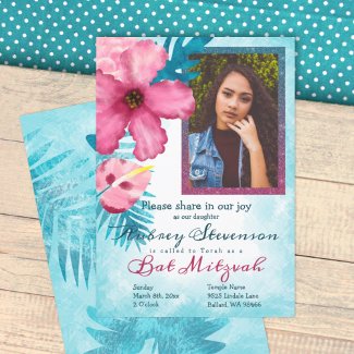 Turquoise, Pink Tropical Flowers Bat Mitzvah