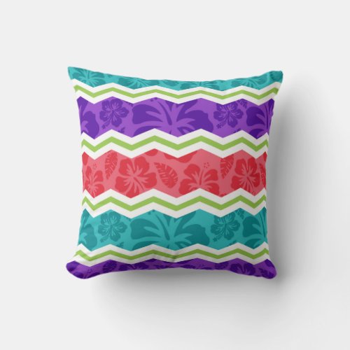 Turquoise Pink Violet Purple and Green Tropical Throw Pillow