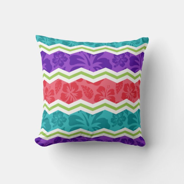 Turquoise, Pink, Violet Purple, and Green Tropical Throw Pillow (Front)