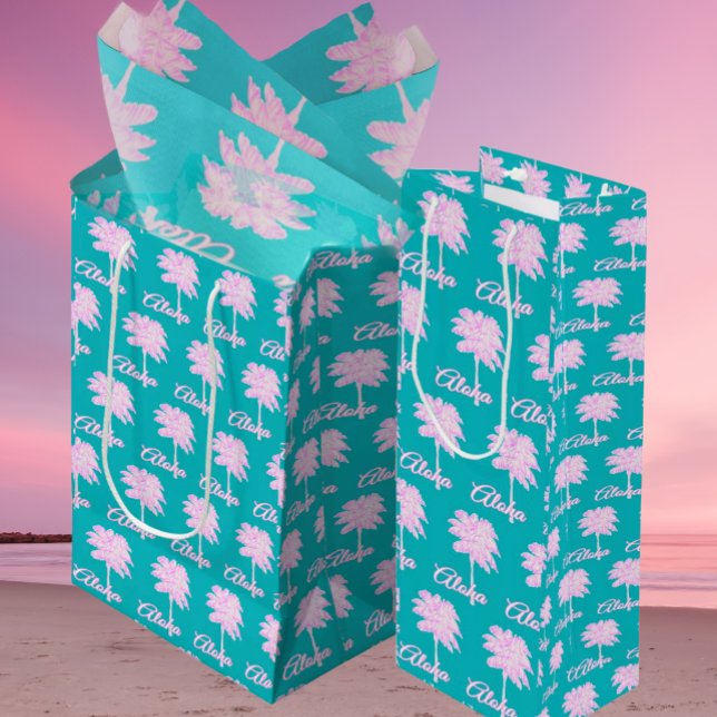 Turquoise Pink White Palm Aloha Tropical  Medium Gift Bag (Aloha and pink palm trees!)
