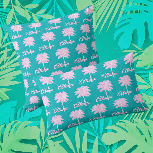Turquoise Pink White Palm Aloha Tropical Throw Pillow