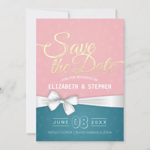 Turquoise Pink  White Ribbon Script Save The Date