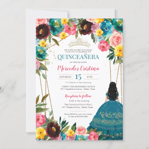 Turquoise Pink Yellow Festive Floral Quinceanera  Invitation