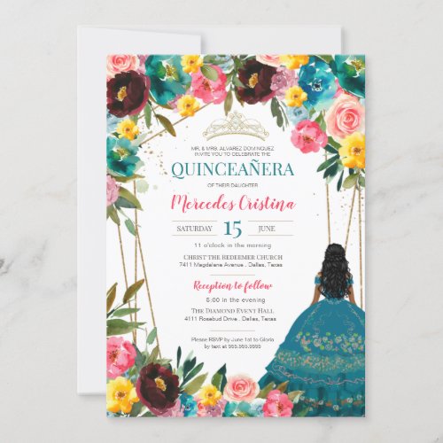 Turquoise Pink Yellow Fiesta Floral Quinceanera In Invitation
