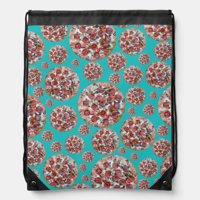 Turquoise pizza pie drawstring bag (Front)