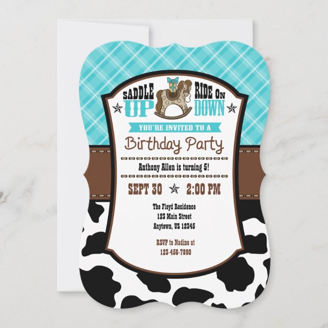 Turquoise Plaid Cowhide Cowboy Birthday Invite (Front)