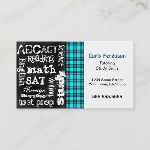 Turquoise Plaid, Grunge Chalkboard Business Card