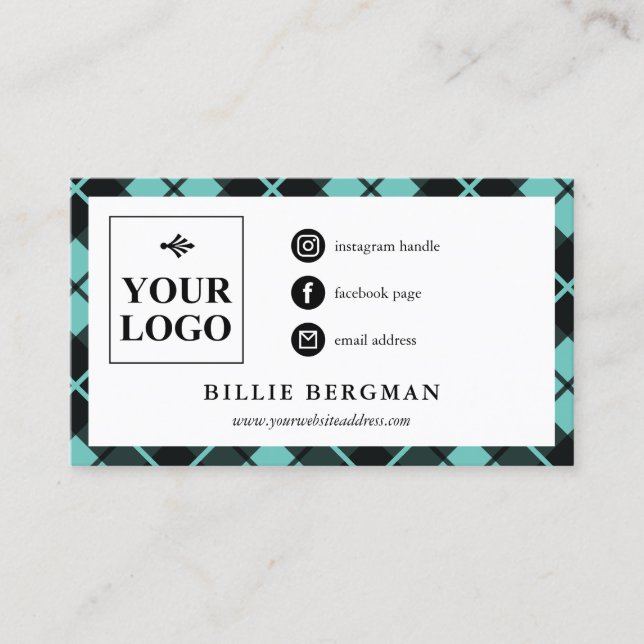 Turquoise Plaid Social Media Logo & Photo Business Card (Front)