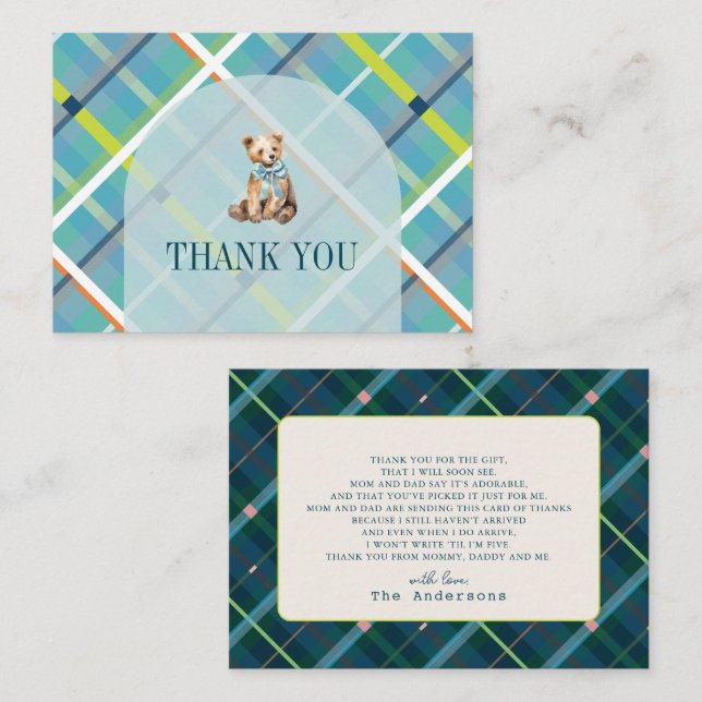 Turquoise Plaid Teddy Bear Baby Shower Thank You Note Card (Front/Back)