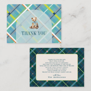 Turquoise Plaid Teddy Bear Baby Shower Thank You Note Card