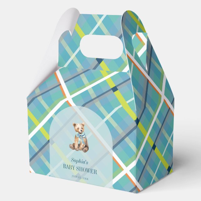 Turquoise Plaid Teddy Bear Boy Baby Shower Favor Boxes (Front)