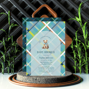 Turquoise Plaid Teddy Bear Boy Baby Shower Invitation