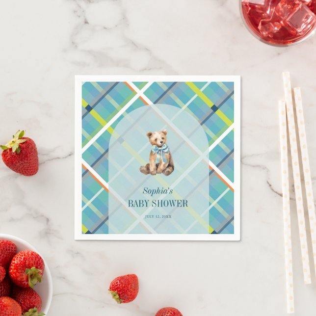 Turquoise Plaid Teddy Bear Boy Baby Shower Napkins (Insitu)