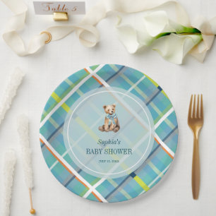 Turquoise Plaid Teddy Bear Boy Baby Shower Paper Plates