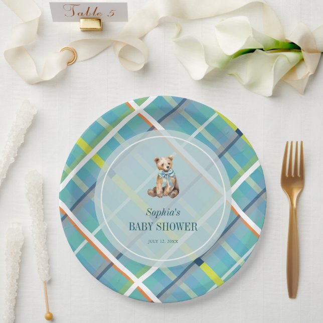Turquoise Plaid Teddy Bear Boy Baby Shower Paper Plates (Wedding)
