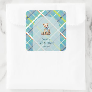 Turquoise Plaid Teddy Bear Boy Baby Shower Square Sticker