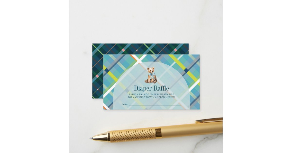 Turquoise Raffle Ticket Turquoise Plaid Teddy Bear Diaper Raffle Ticket Enclosure Card | Zazzle