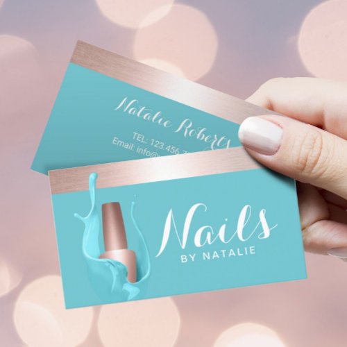 Turquoise Polish Splash Rose Gold Nail Salon Business Card