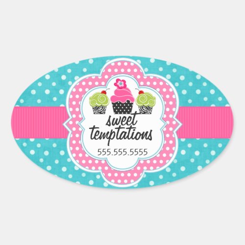Turquoise Polka Dot Cupcake Bakery Business Oval Sticker