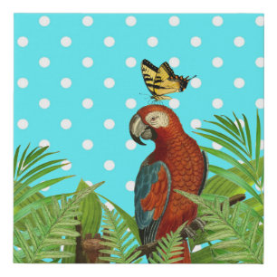 Turquoise Polka Dot, Parrot and Butterfly Faux Canvas Print