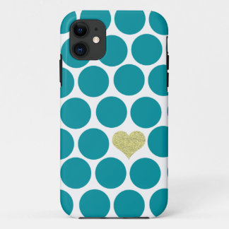 Turquoise Polka Dots Glitter Heart iPhone 11 Case