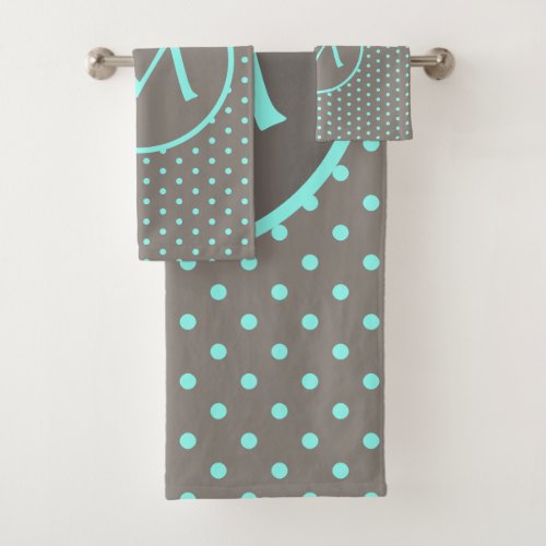 Turquoise polka dots monogrammed gray bath towel set