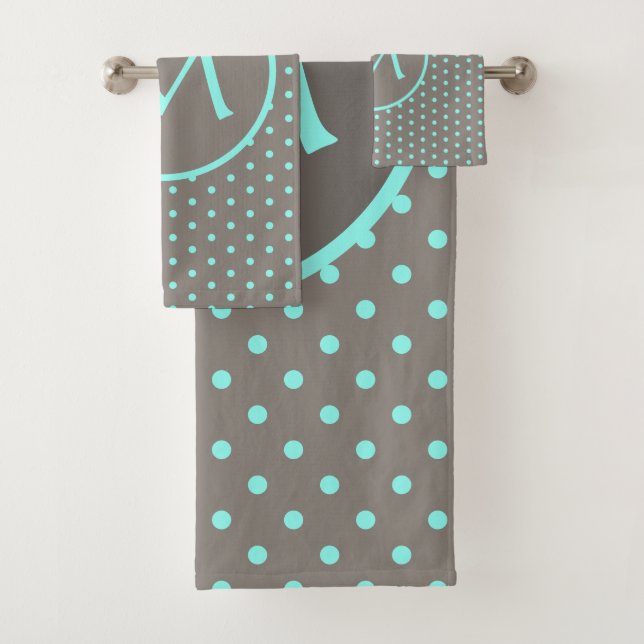 Turquoise polka dots monogrammed gray bath towel set (Insitu)
