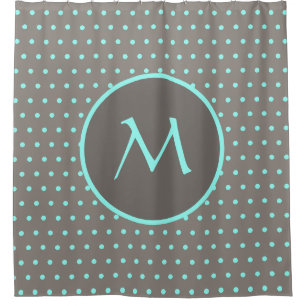 Turquoise polka dots monogrammed gray shower curtain