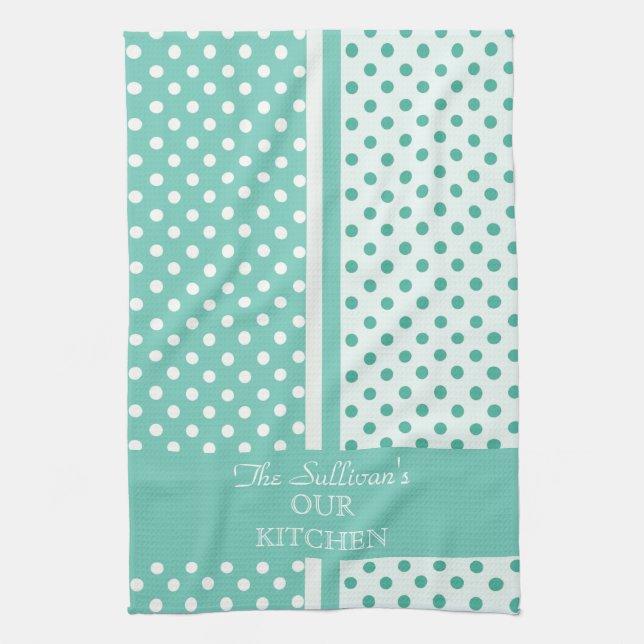 Turquoise Polka Dots Personalized Kitchen Towels (Vertical)