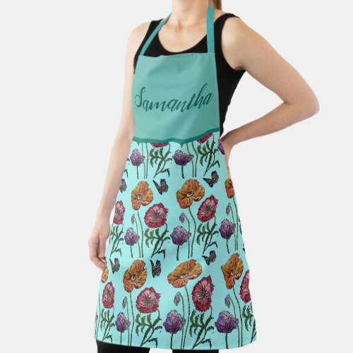 Turquoise Poppy Floral Poppies Shabby Chic Kitchen Apron