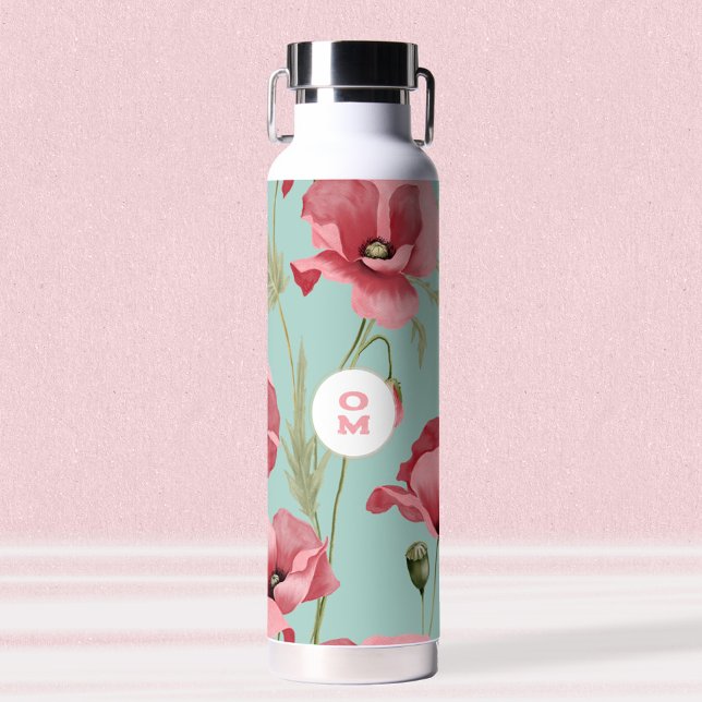 Turquoise Poppy Monogram Water Bottle (Turquoise Poppy Monogram Water Bottle ©Susanne Sachers - Sunny Mind Design 🌞)