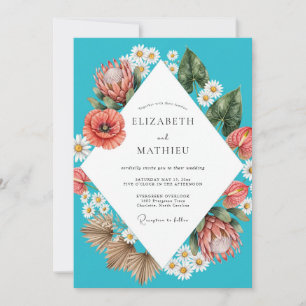 Turquoise Poppy Protea Wedding Invitation