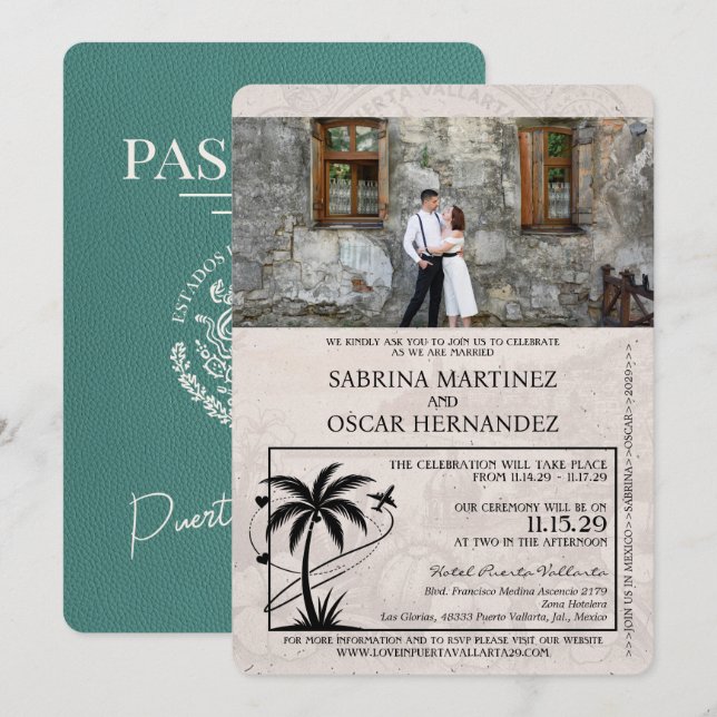 Turquoise Puerta Vallarta Passport Wedding Invitation (Front/Back)