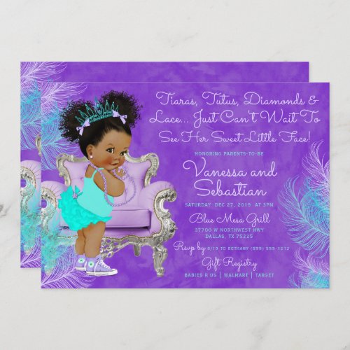 Turquoise Purple Afro Puff Baby Shower Watercolor Invitation