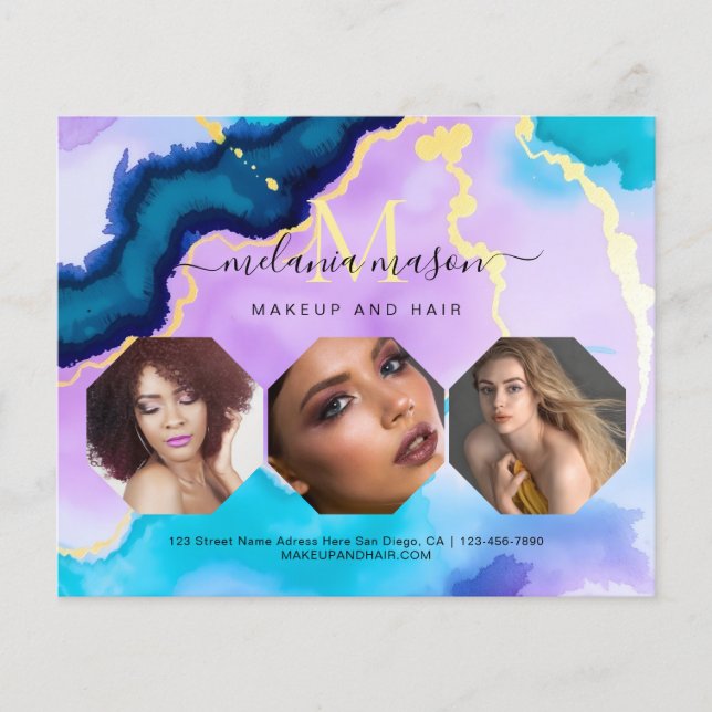 Turquoise Purple Agate Makeup Artist Watercolor Flyer (Front)