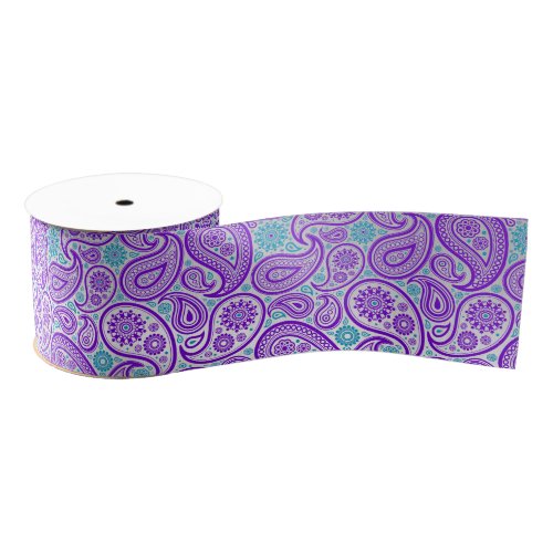 Turquoise purple and white vintage paisley pattern grosgrain ribbon