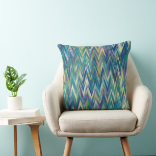 Turquoise, purple and yellow zigzag throw pillow
