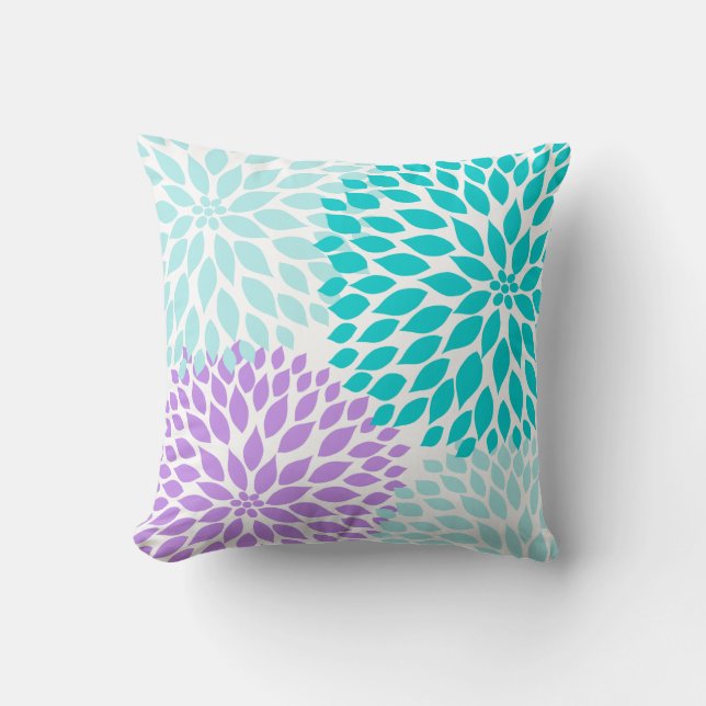 Turquoise Purple Aqua Dahlia floral pillow (Front)