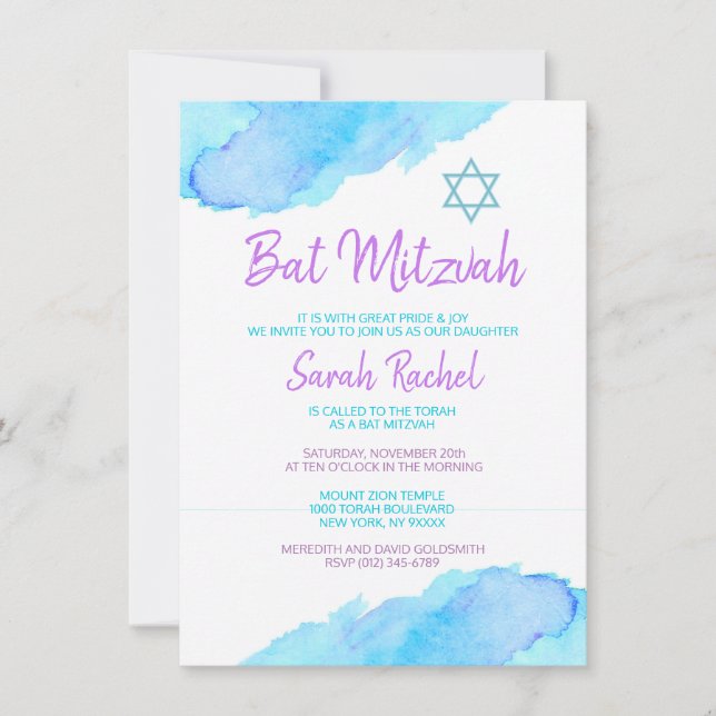 Turquoise Purple Bat Mitzvah Invitation (Front)