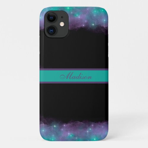 Turquoise Purple Black Cloudy Galaxy and Stars iPhone 11 Case