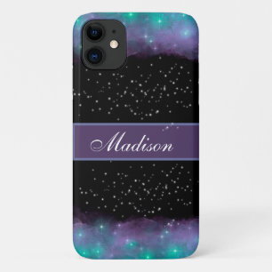 Turquoise Purple Black Cloudy Galaxy and Stars iPhone 11 Case