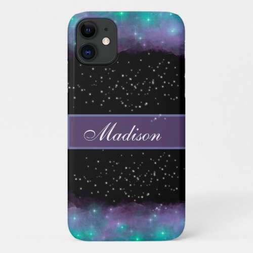 Turquoise Purple Black Cloudy Galaxy and Stars iPhone 11 Case