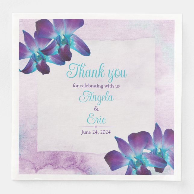 Turquoise Purple Blue Dendrobium Orchid Wedding Paper Dinner Napkins (Front)