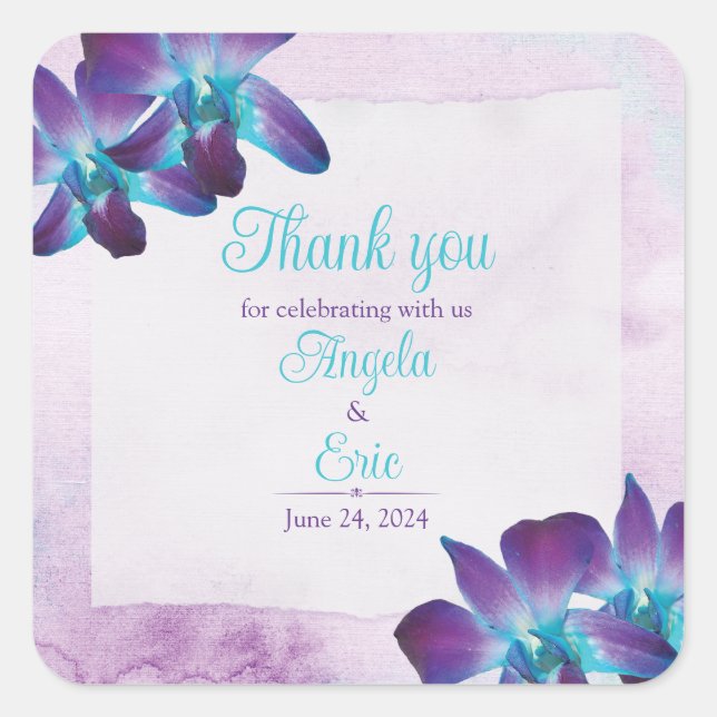 Turquoise Purple Blue Dendrobium Orchid Wedding Square Sticker (Front)